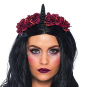 Polyester felt velvet metallic flexible headband head-band hairband faux roses flowers unicorn spiral horn costume cosplay halloween rave festival accessories black burgundy wine