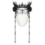 Metallic alloy headgear headband crown bead beaded beads acrylic long strand rose skeleton hands feathers spiderweb polyester flowers goth gothic royal halloween accessories black