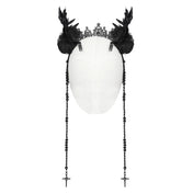 Metallic alloy headgear headband crown bead beaded beads acrylic long strand rose skeleton hands feathers spiderweb polyester flowers goth gothic royal halloween accessories black