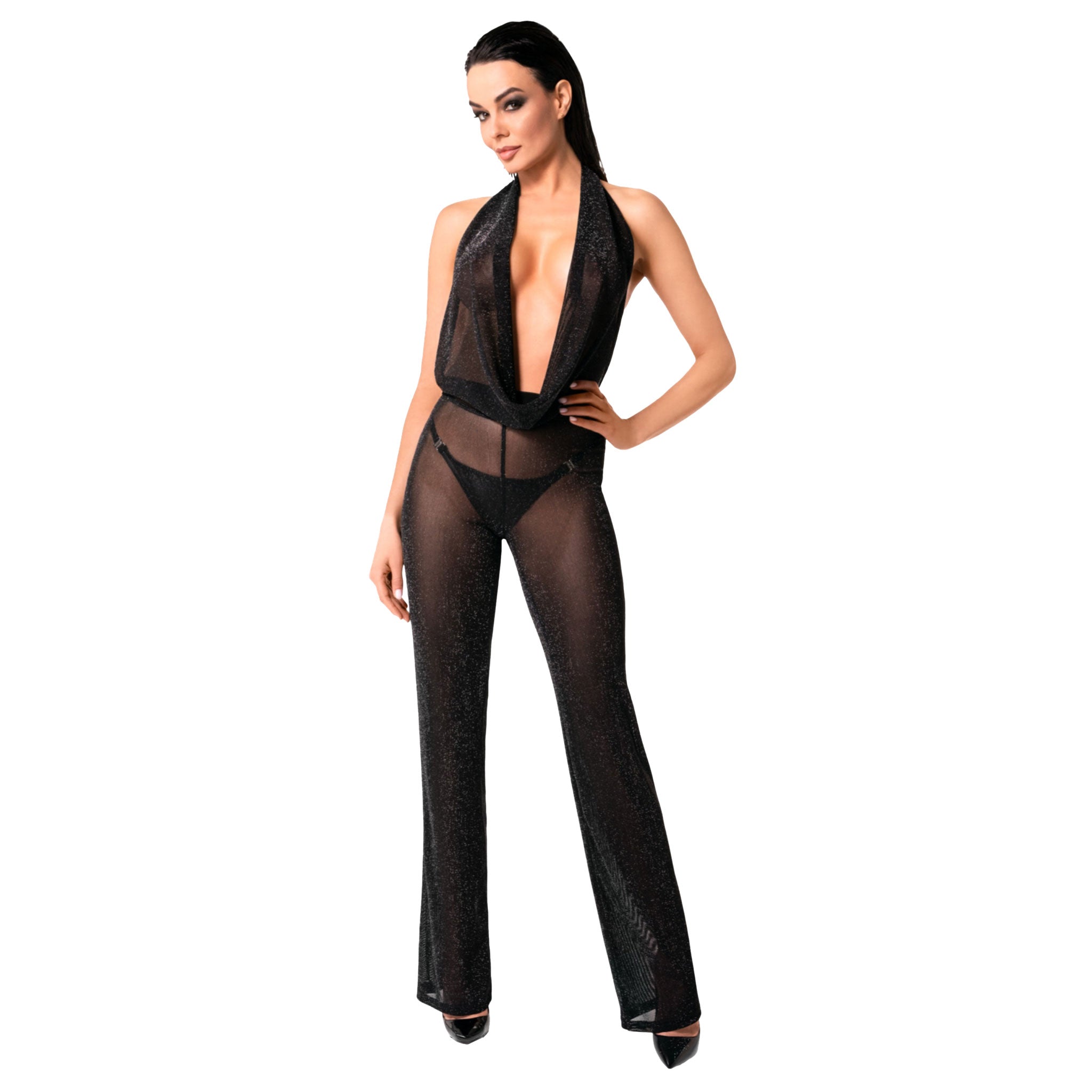 Mesh sheer seethru see-through see-thru transparent tulle polyamide polyester elastane apparel jumpsuit catsuit one-piece onesie overalls wide-legged wide-leg long-leg pants sleeveless halter cowl deep-cowl neck neckline plunging lightweight glitzy glitz sparkling transparent elegant flowing stretchy elastic fetish fashion alt-fashion alternative party clubwear kink kinky kinkwear female femme feminine womens noir black 