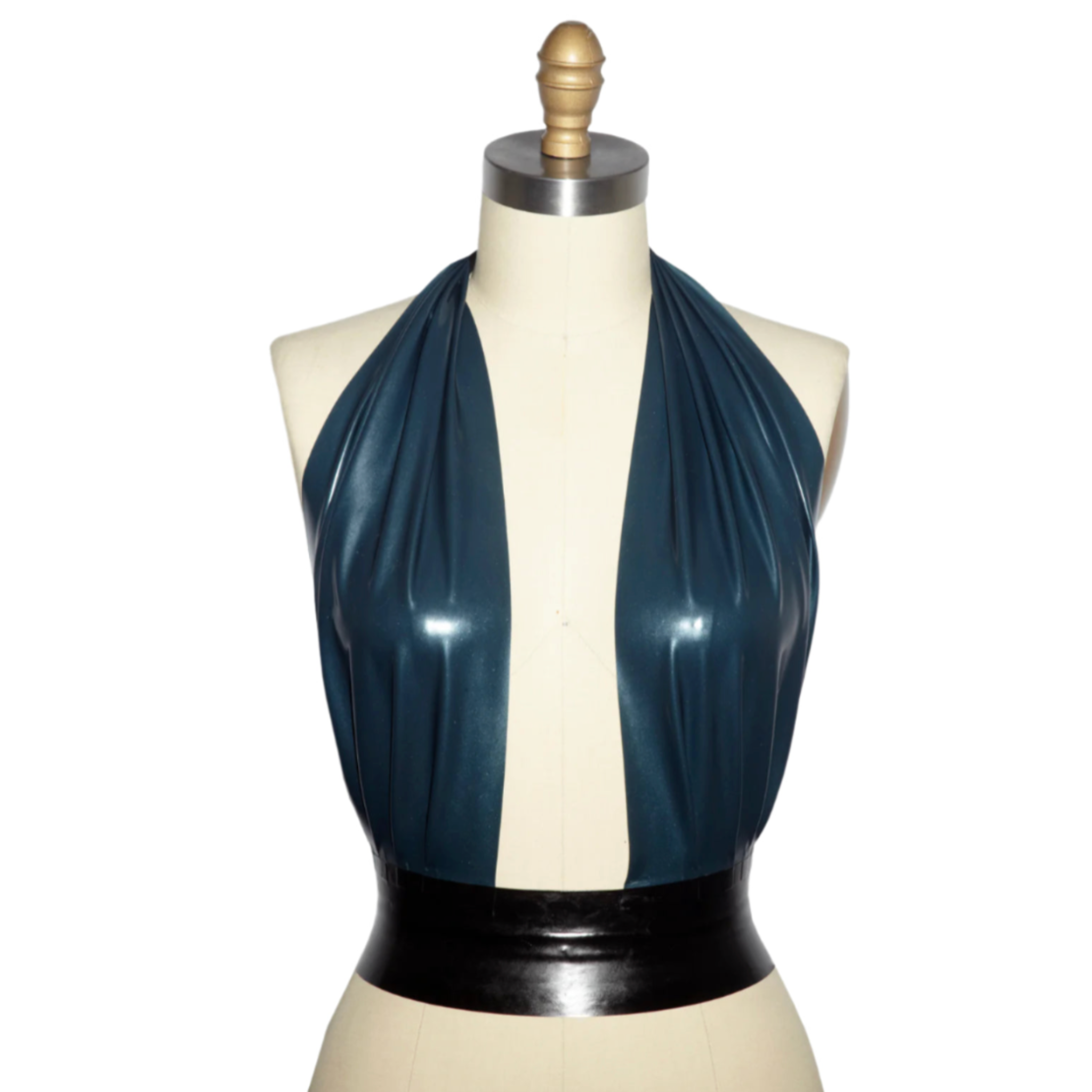 deep plunge latex halter top, natural latex sheeting .25mm top, plunging latex fetish top, latex halter crop top, seductive latex neckline top, Fetish Factory latex clothing