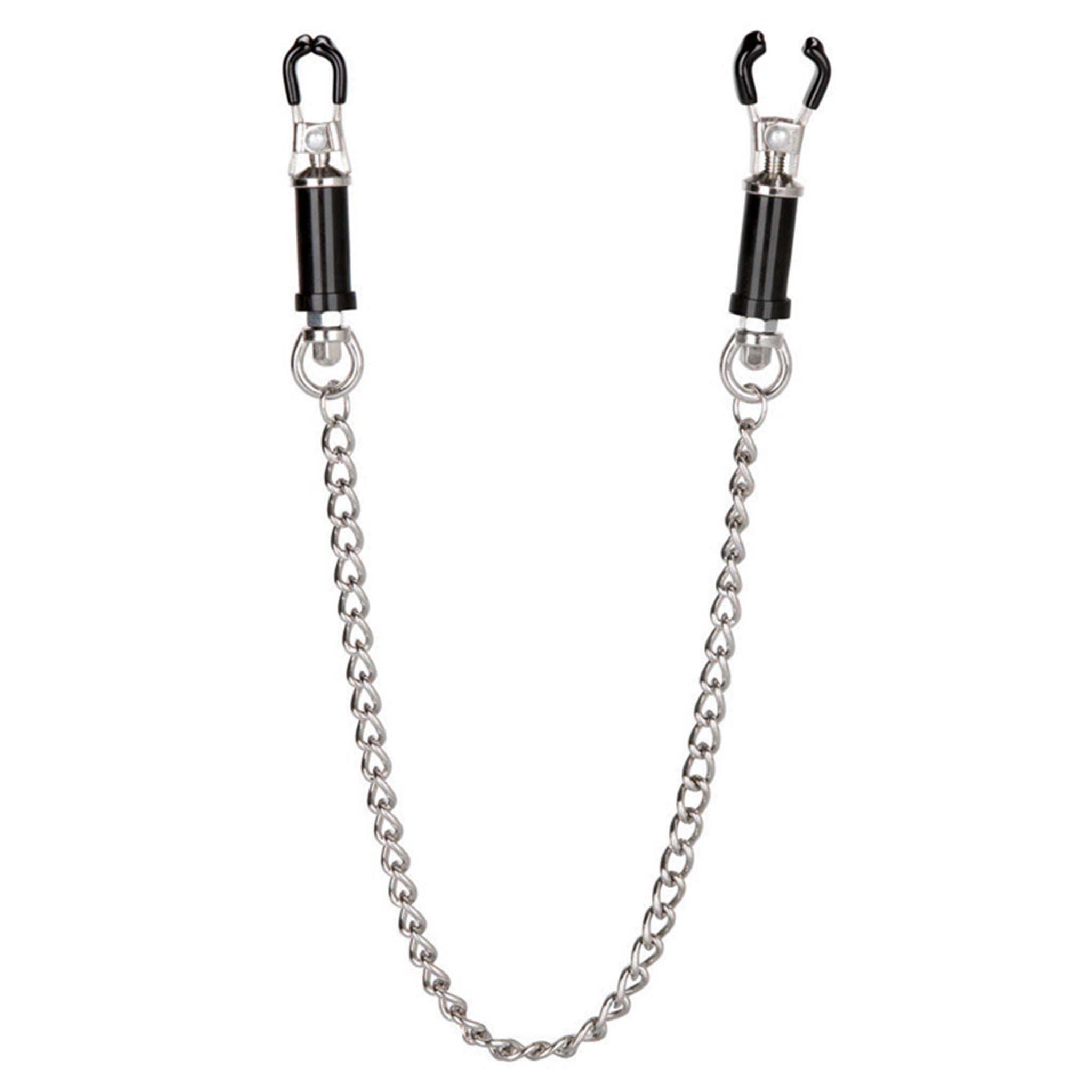 Brass heavy-duty rubber rubberized chain connecting-chain accessories areola nipple nipple-play nipple-clamp rubber-tips rubberized-tips coated-tips screw-down pressure pinch pinching torque barrel-style barrel twist adjustable mind-blowing solid pleasure bdsm bondage kink kinky kinky-play sadism sadist masochism masochist pain adult-toys bdsm-toys silver black