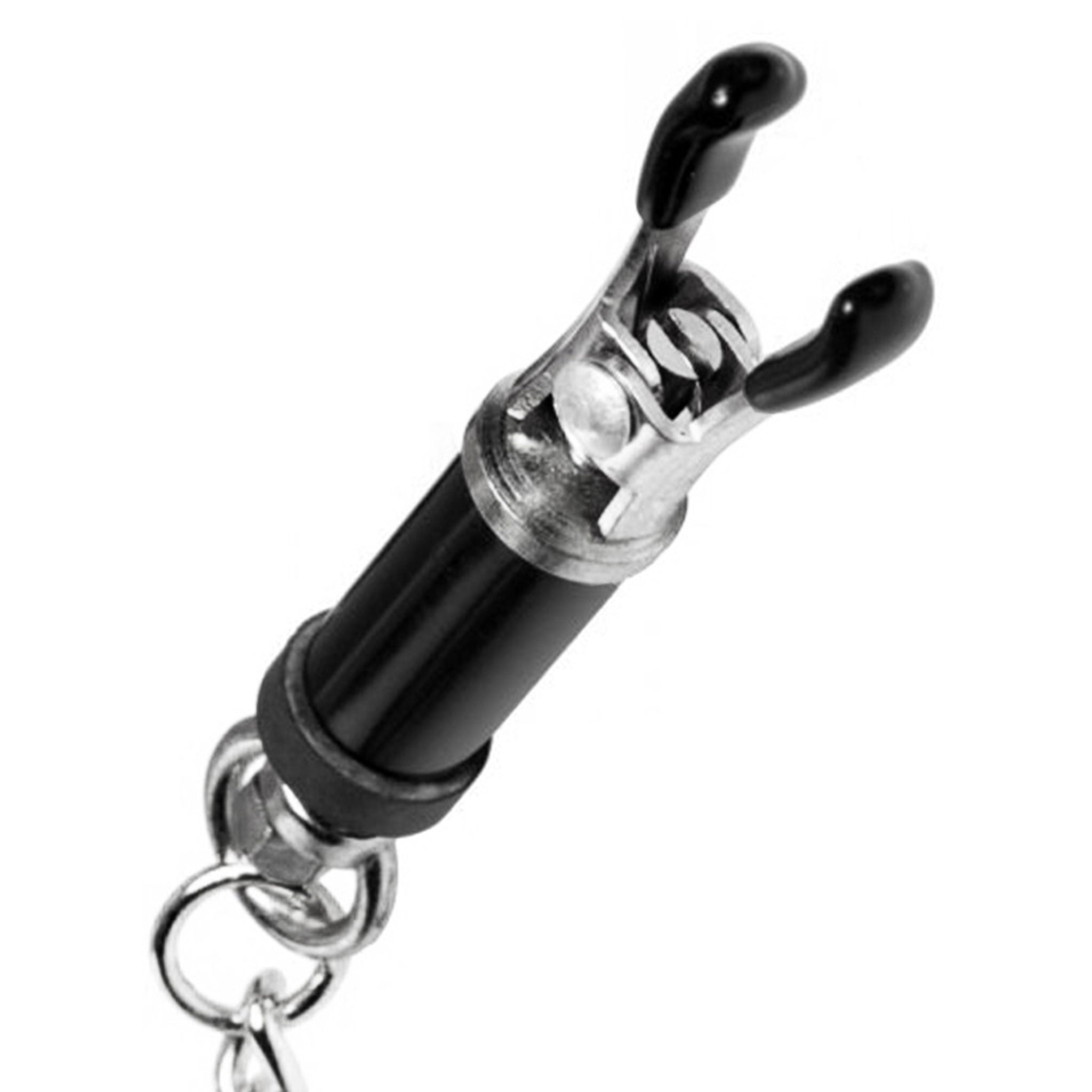 Brass heavy-duty rubber rubberized chain connecting-chain accessories areola nipple nipple-play nipple-clamp rubber-tips rubberized-tips coated-tips screw-down pressure pinch pinching torque barrel-style barrel twist adjustable mind-blowing solid pleasure bdsm bondage kink kinky kinky-play sadism sadist masochism masochist pain adult-toys bdsm-toys silver black