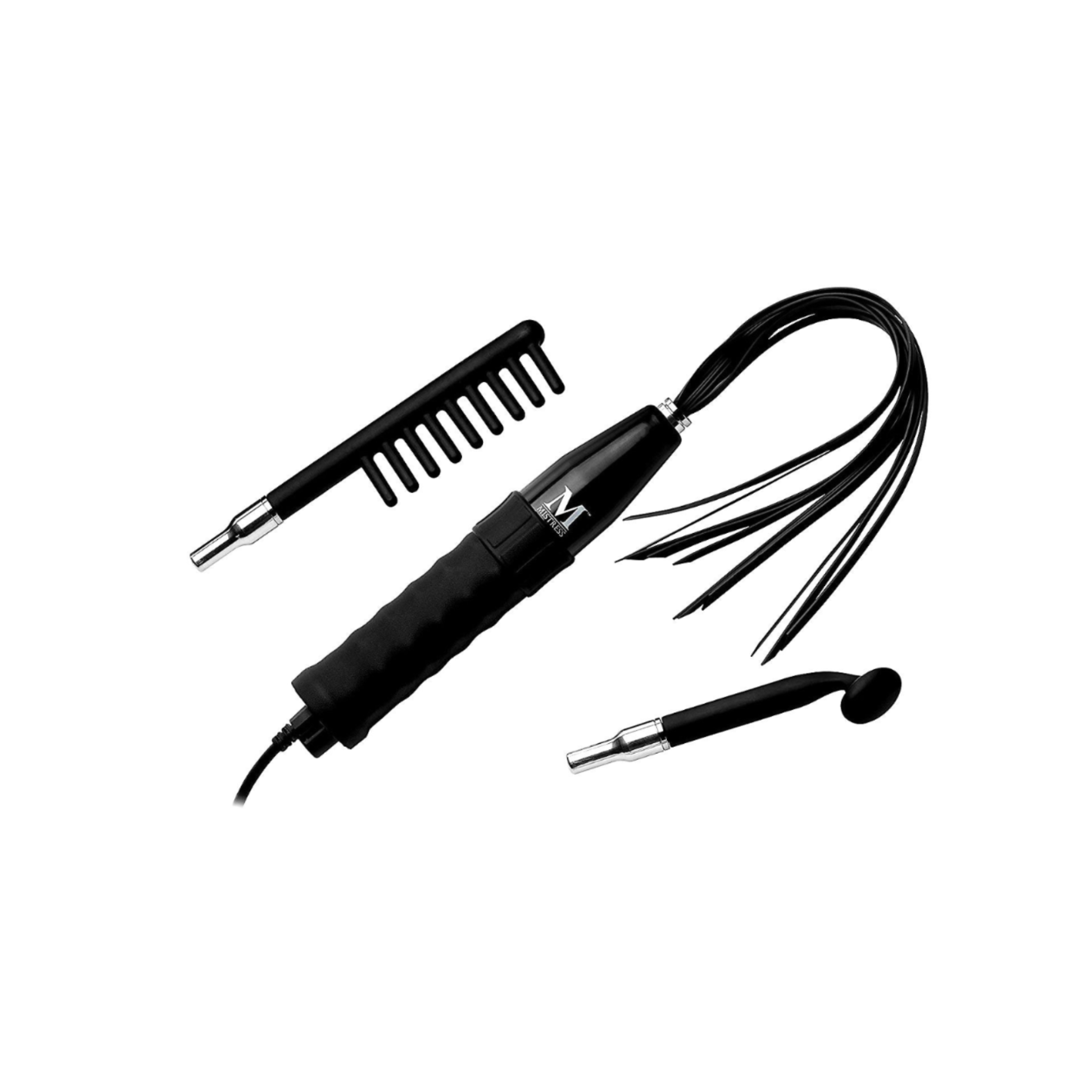 Deluxe E-Stim wand kit, electro shock sex toy set, silicone e-stim attachments, electric stimulation wand with flogger, BDSM electro play toy, adjustable intensity electro stim wand, Fetish Factory electro gear set
