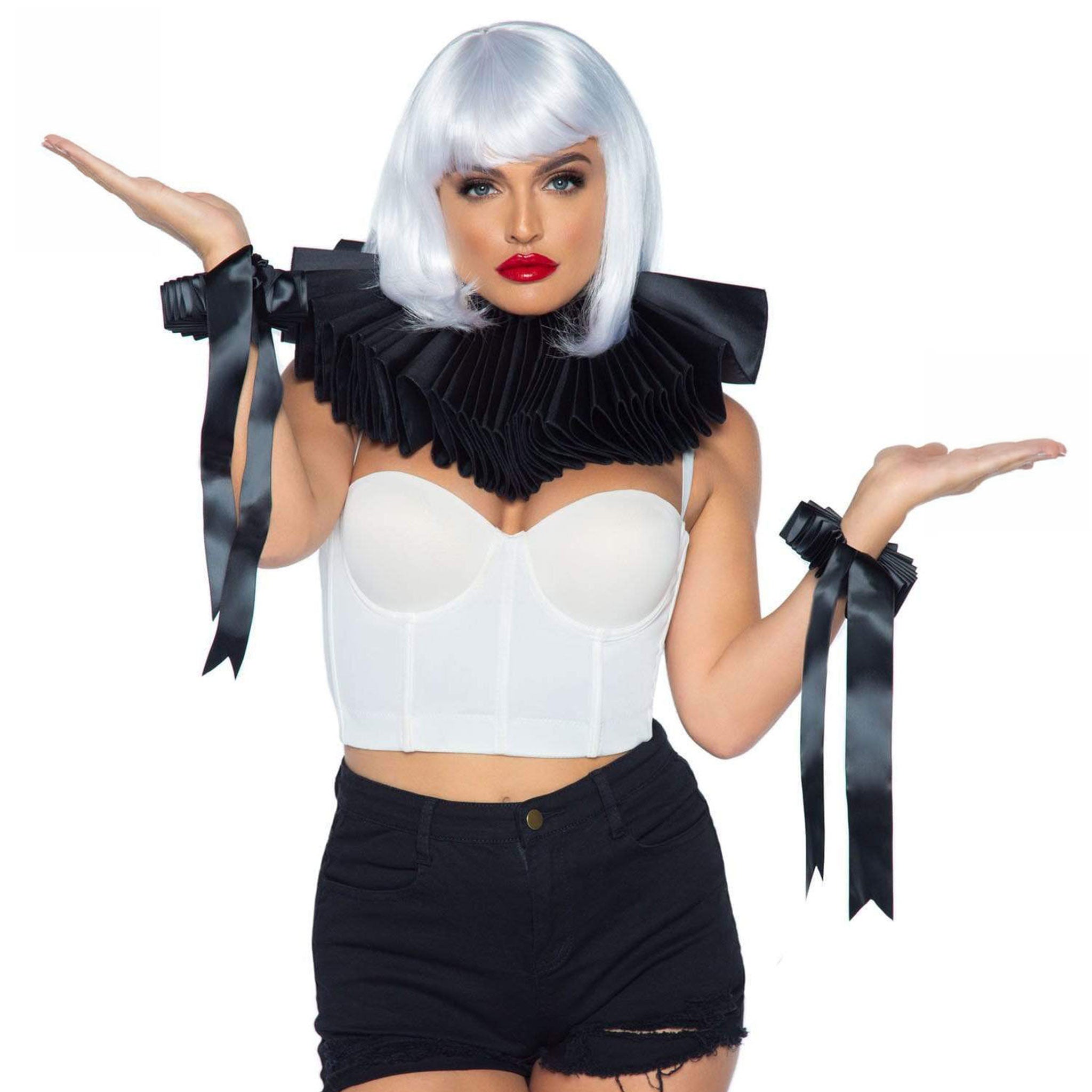 Polyester accessories collar ruffled wrist-cuffs tie-back comfortable adjustable extraordinary dark fetish fashion alt-fashion coulrophilia goth gothic victorian elizabethan vintage roleplay role-play occupation clown clowncore mime jester harlequin harley-quinn scary-clown clussy costume cosplay halloween halloween-accessories female femme feminine womens black