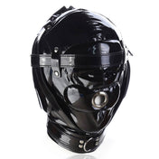 Pleather wetlook accessories hood mask full-head adjustable buckle lockable locking lace-up collar D-ring chin-strap padded-blindfold O-ring nose-hole deprivation shiny glossy bondage bdsm bdsm-gear kink kinky kink-gear sub submissive unisex black