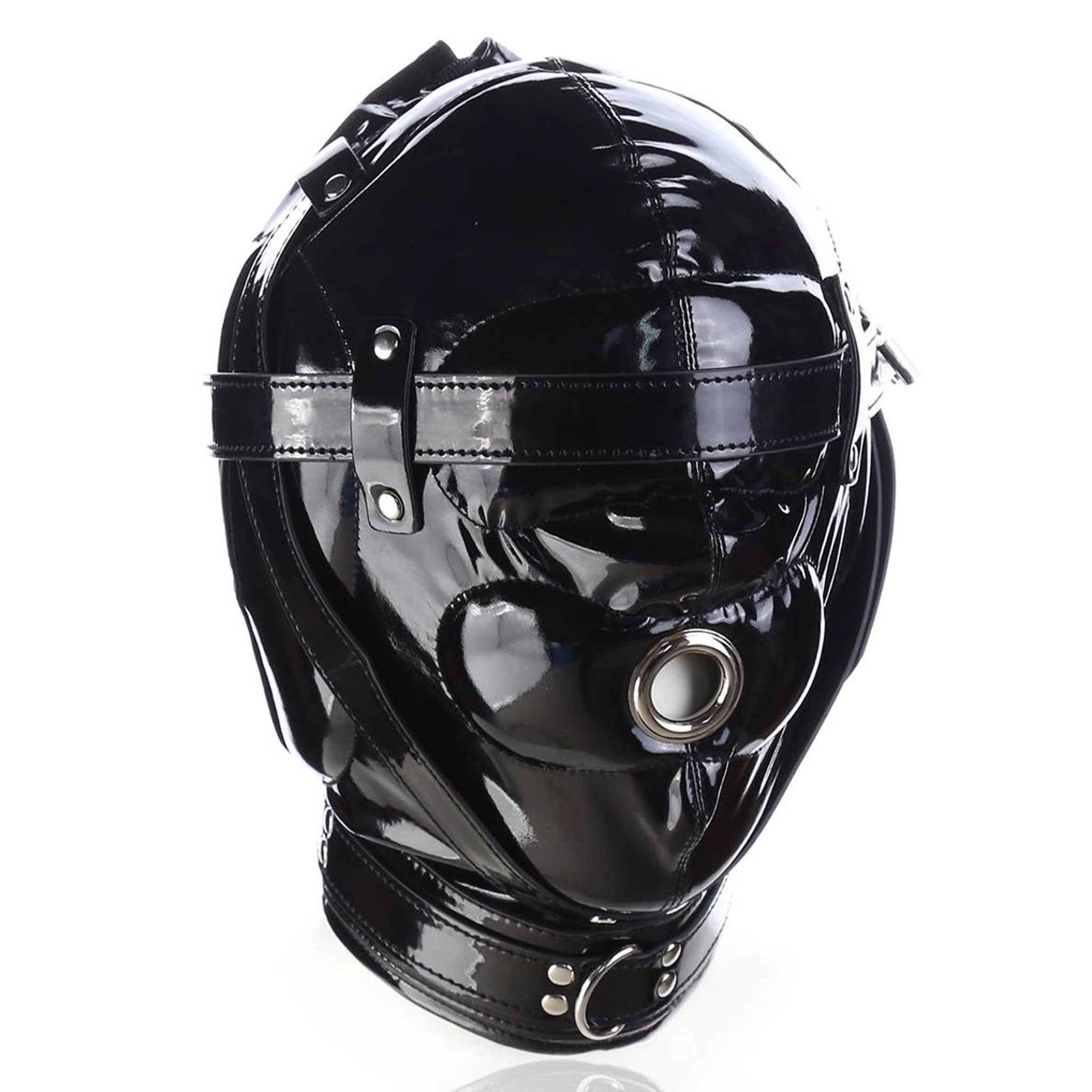 Pleather wetlook accessories hood mask full-head adjustable buckle lockable locking lace-up collar D-ring chin-strap padded-blindfold O-ring nose-hole deprivation shiny glossy bondage bdsm bdsm-gear kink kinky kink-gear sub submissive unisex black