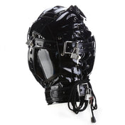 Pleather wetlook accessories hood mask full-head adjustable buckle lockable locking lace-up collar D-ring chin-strap padded-blindfold O-ring nose-hole deprivation shiny glossy bondage bdsm bdsm-gear kink kinky kink-gear sub submissive unisex black