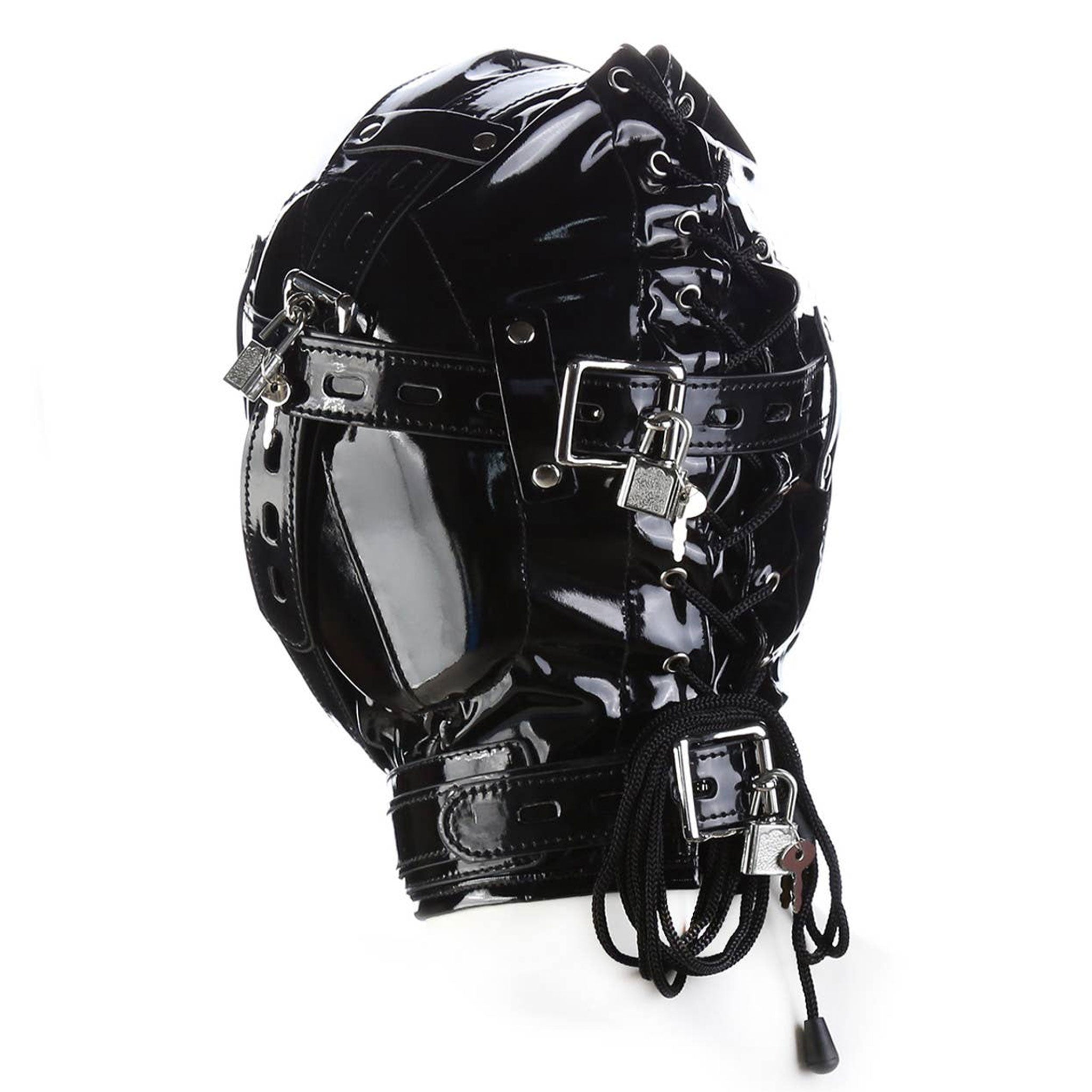 Pleather wetlook accessories hood mask full-head adjustable buckle lockable locking lace-up collar D-ring chin-strap padded-blindfold O-ring nose-hole deprivation shiny glossy bondage bdsm bdsm-gear kink kinky kink-gear sub submissive unisex black
