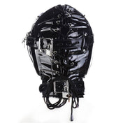 Pleather wetlook accessories hood mask full-head adjustable buckle lockable locking lace-up collar D-ring chin-strap padded-blindfold O-ring nose-hole deprivation shiny glossy bondage bdsm bdsm-gear kink kinky kink-gear sub submissive unisex black