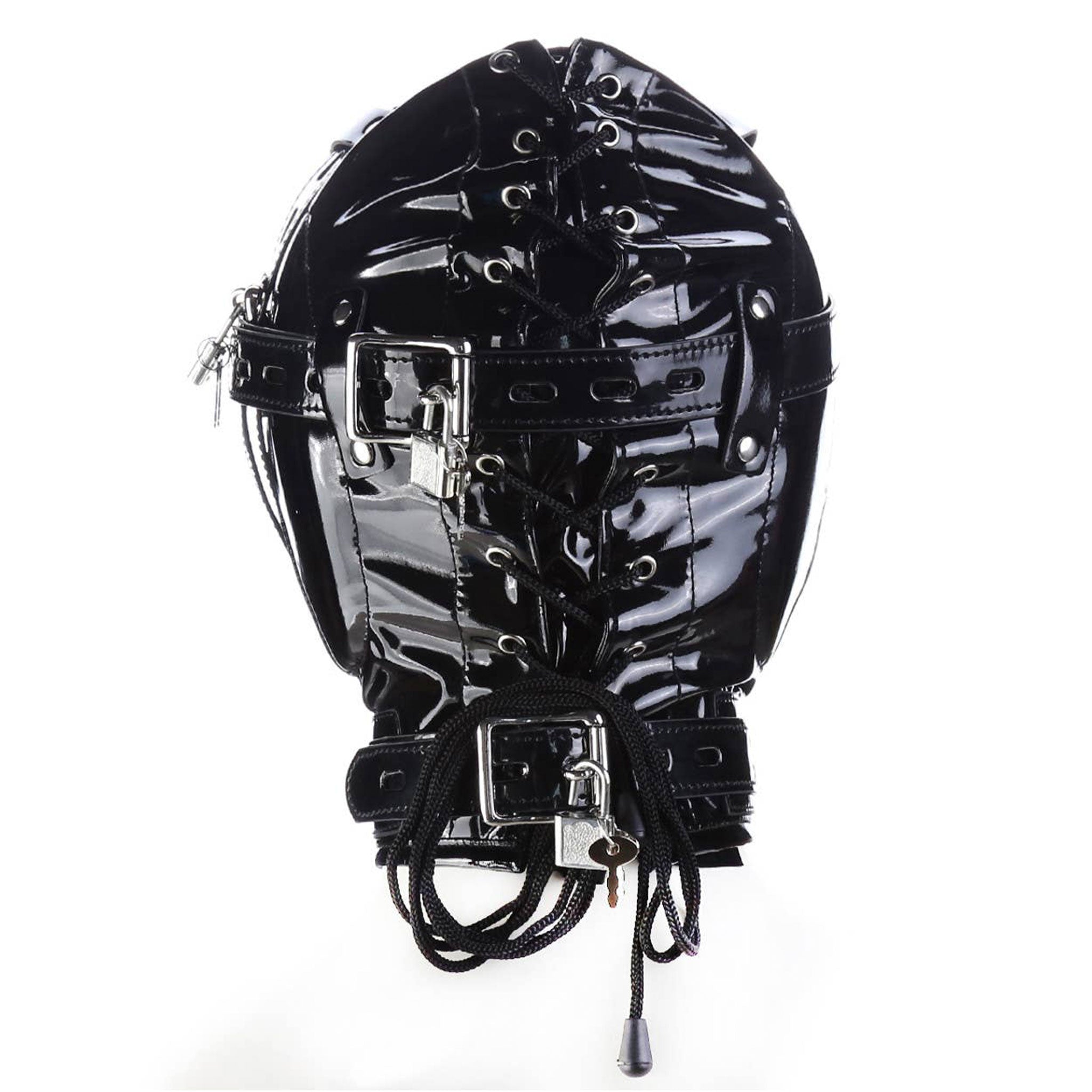 Pleather wetlook accessories hood mask full-head adjustable buckle lockable locking lace-up collar D-ring chin-strap padded-blindfold O-ring nose-hole deprivation shiny glossy bondage bdsm bdsm-gear kink kinky kink-gear sub submissive unisex black