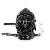 Pleather wetlook accessories hood mask full-head adjustable buckle lockable locking lace-up collar D-ring chin-strap padded-blindfold O-ring nose-hole deprivation shiny glossy bondage bdsm bdsm-gear kink kinky kink-gear sub submissive unisex black