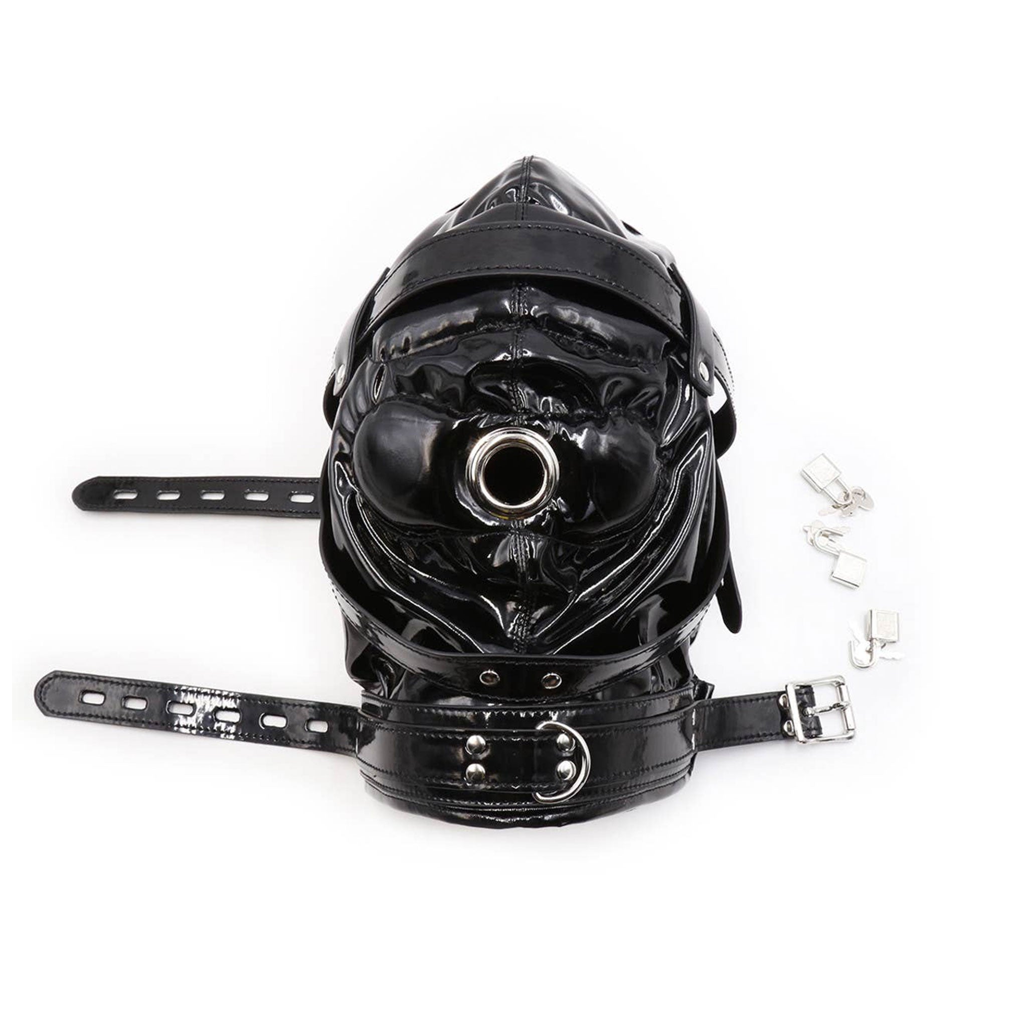 Pleather wetlook accessories hood mask full-head adjustable buckle lockable locking lace-up collar D-ring chin-strap padded-blindfold O-ring nose-hole deprivation shiny glossy bondage bdsm bdsm-gear kink kinky kink-gear sub submissive unisex black