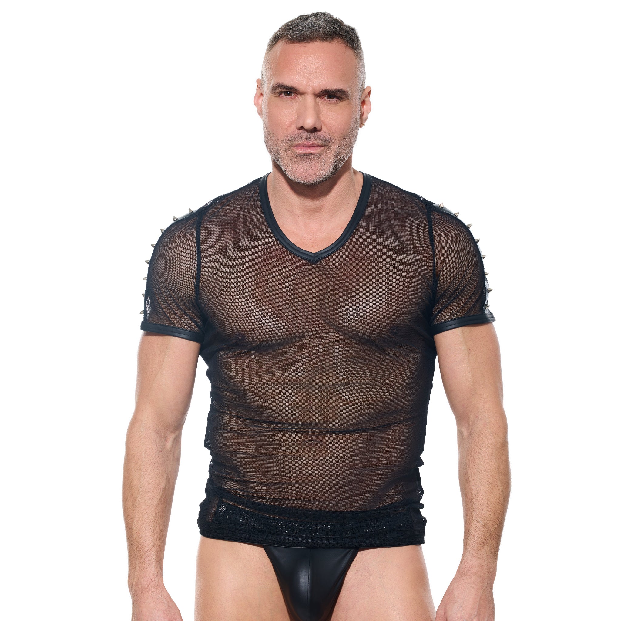 desert kink men's t shirt mesh see-through sheer half sleeve round neck sexy men's clubwear bold lingerie fetish fashion fetish factory


