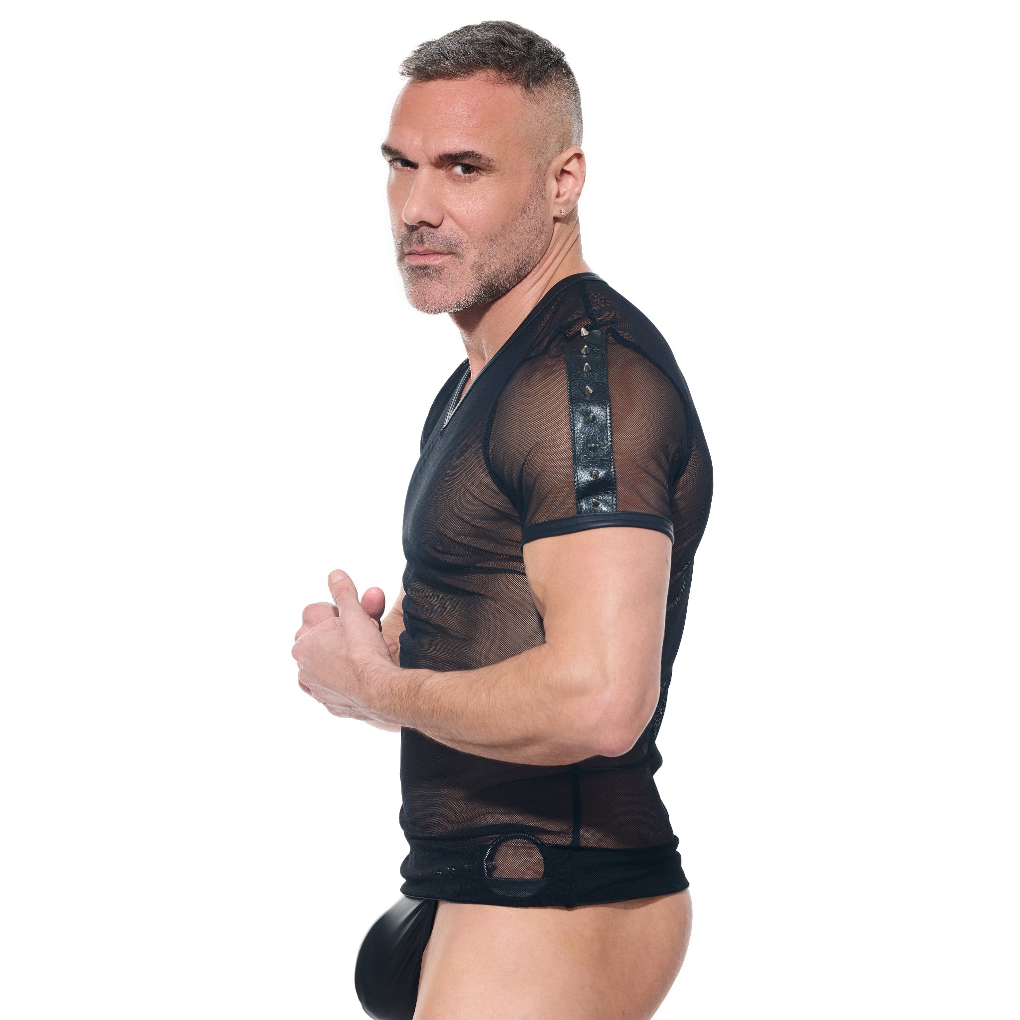 desert kink men's t shirt mesh see-through sheer half sleeve round neck sexy men's clubwear bold lingerie fetish fashion fetish factory

