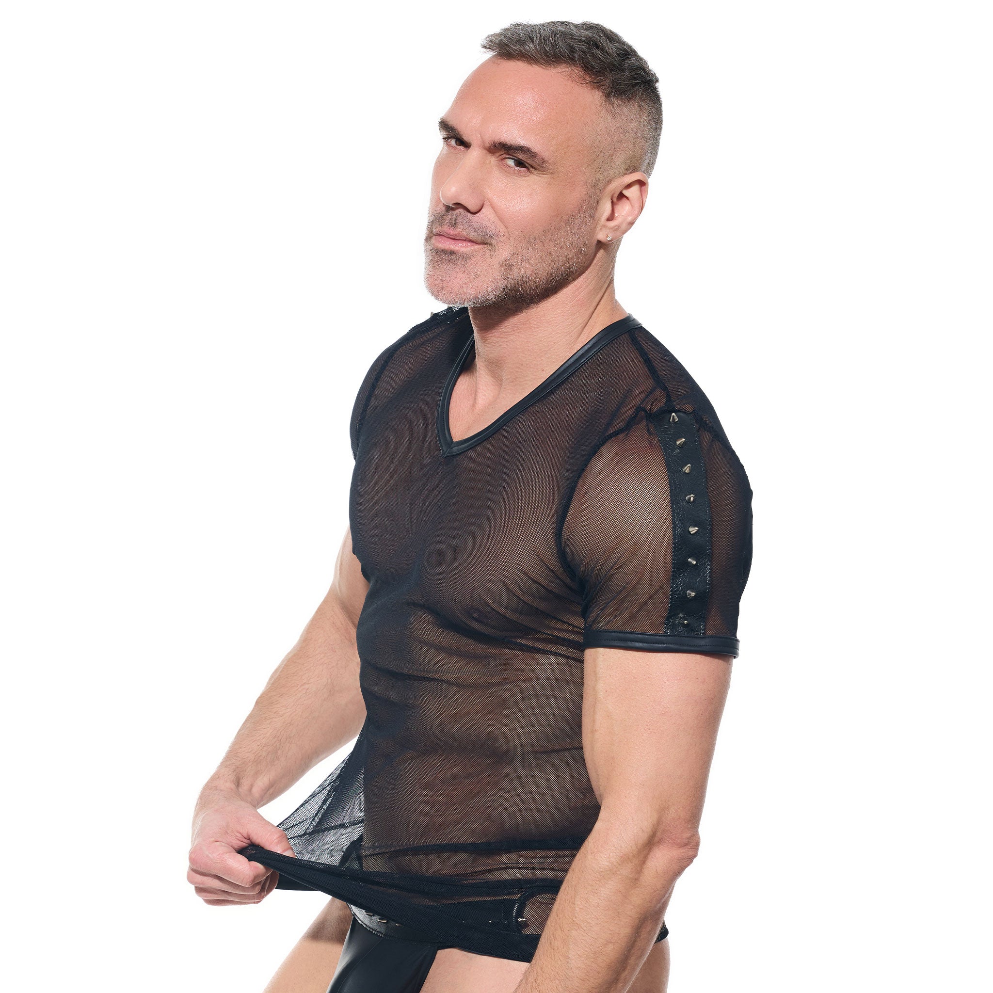 Mesh sheer-mesh wetlook nylon Spandex apparel intimates lingerie tops shirt tshirt t-shirt tee-shirt teeshirt half-sleeve shortsleeve short-sleeve sleeves sleeved spike spikes spiked spiked-shoulders henley V-neck lightweight breathable stretchy soft sexy transparent see-through see-thru seethru bold fetish fashion alt-fashion alternative clubwear male masculine masc mens guys dudes gregg-homme desert-kink black