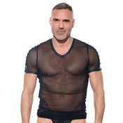 Mesh sheer-mesh wetlook nylon Spandex apparel intimates lingerie tops shirt tshirt t-shirt tee-shirt teeshirt half-sleeve shortsleeve short-sleeve sleeves sleeved spike spikes spiked spiked-shoulders henley V-neck lightweight breathable stretchy soft sexy transparent see-through see-thru seethru bold fetish fashion alt-fashion alternative clubwear male masculine masc mens guys dudes gregg-homme desert-kink black