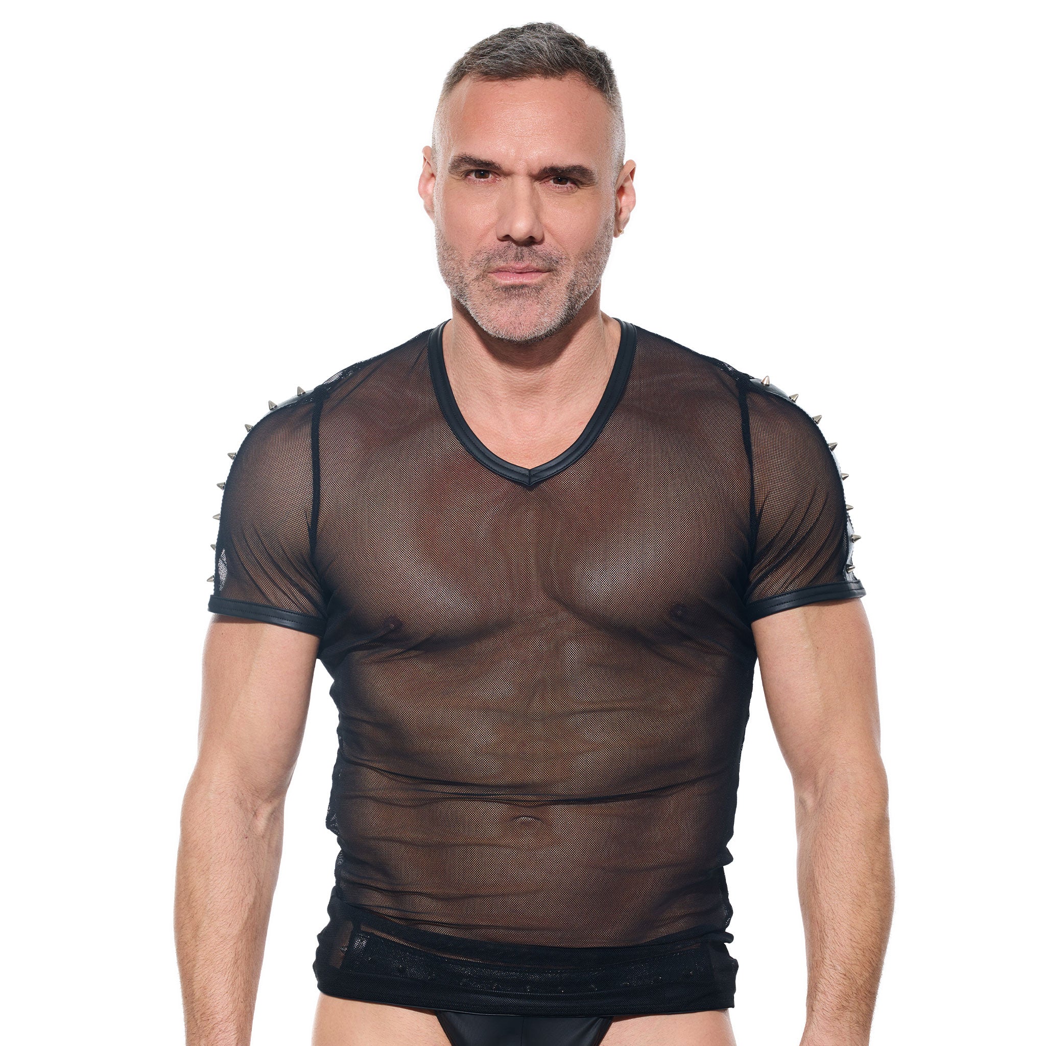 Mesh sheer-mesh wetlook nylon Spandex apparel intimates lingerie tops shirt tshirt t-shirt tee-shirt teeshirt half-sleeve shortsleeve short-sleeve sleeves sleeved spike spikes spiked spiked-shoulders henley V-neck lightweight breathable stretchy soft sexy transparent see-through see-thru seethru bold fetish fashion alt-fashion alternative clubwear male masculine masc mens guys dudes gregg-homme desert-kink black