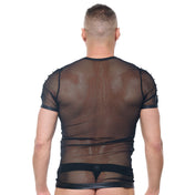 Mesh sheer-mesh wetlook nylon Spandex apparel intimates lingerie tops shirt tshirt t-shirt tee-shirt teeshirt half-sleeve shortsleeve short-sleeve sleeves sleeved spike spikes spiked spiked-shoulders henley V-neck lightweight breathable stretchy soft sexy transparent see-through see-thru seethru bold fetish fashion alt-fashion alternative clubwear male masculine masc mens guys dudes gregg-homme desert-kink black