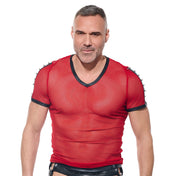 Mesh sheer-mesh wetlook nylon Spandex apparel intimates lingerie tops shirt tshirt t-shirt tee-shirt teeshirt half-sleeve shortsleeve short-sleeve sleeves sleeved spike spikes spiked spiked-shoulders henley V-neck lightweight breathable stretchy soft sexy transparent see-through see-thru seethru bold fetish fashion alt-fashion alternative clubwear male masculine masc mens guys dudes gregg-homme desert-kink red