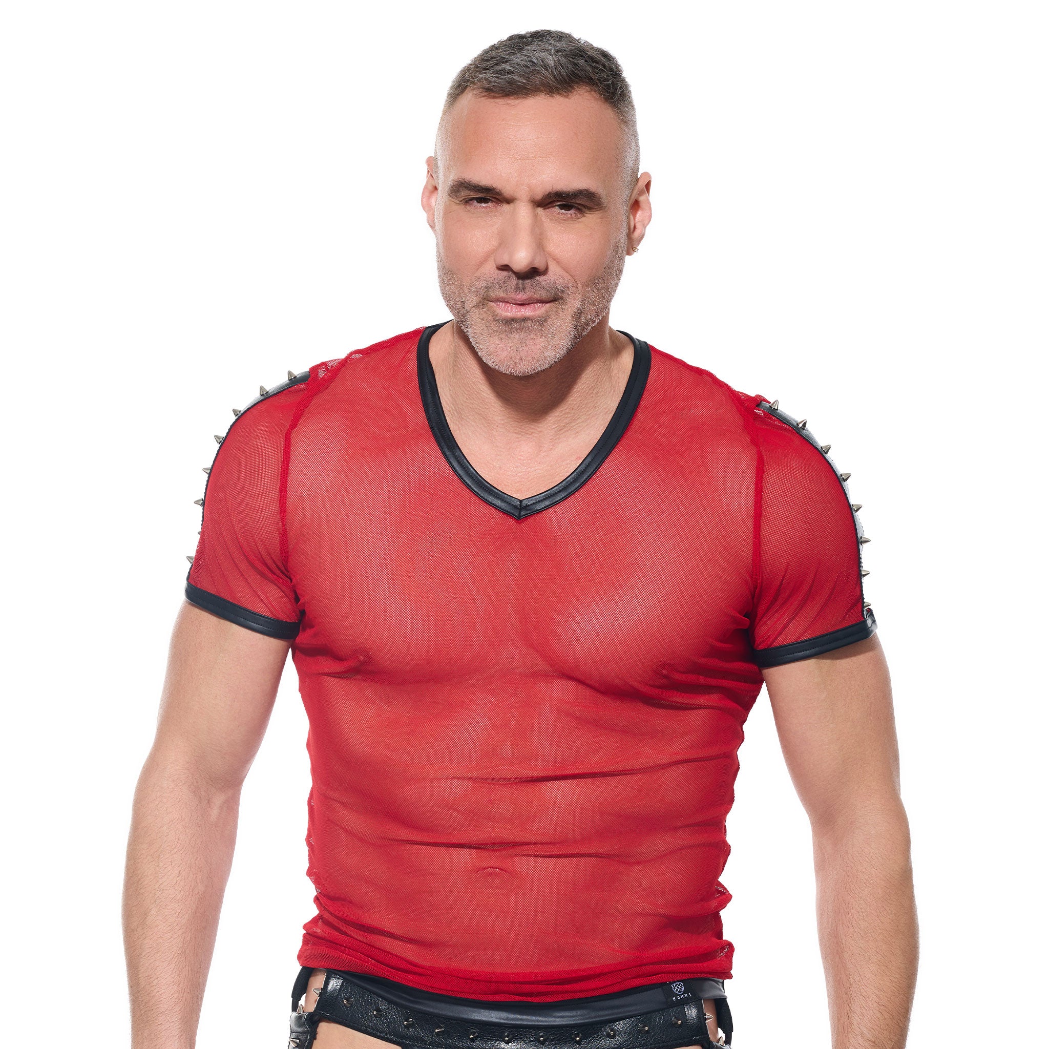 Mesh sheer-mesh wetlook nylon Spandex apparel intimates lingerie tops shirt tshirt t-shirt tee-shirt teeshirt half-sleeve shortsleeve short-sleeve sleeves sleeved spike spikes spiked spiked-shoulders henley V-neck lightweight breathable stretchy soft sexy transparent see-through see-thru seethru bold fetish fashion alt-fashion alternative clubwear male masculine masc mens guys dudes gregg-homme desert-kink red