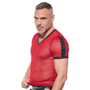 Mesh sheer-mesh wetlook nylon Spandex apparel intimates lingerie tops shirt tshirt t-shirt tee-shirt teeshirt half-sleeve shortsleeve short-sleeve sleeves sleeved spike spikes spiked spiked-shoulders henley V-neck lightweight breathable stretchy soft sexy transparent see-through see-thru seethru bold fetish fashion alt-fashion alternative clubwear male masculine masc mens guys dudes gregg-homme desert-kink red