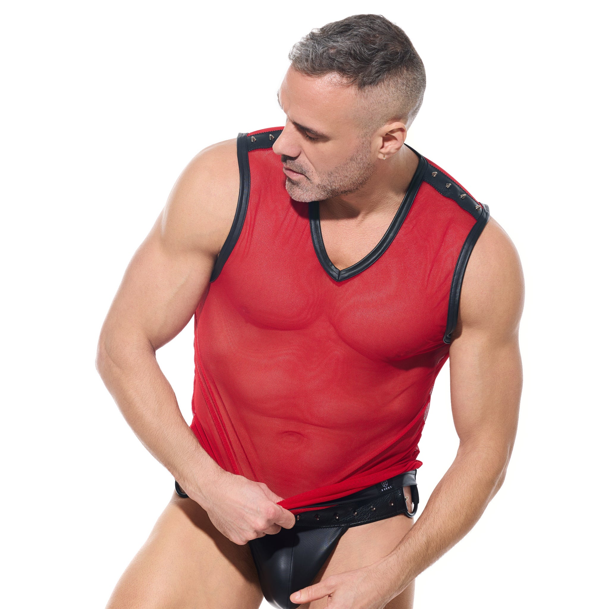 desert kink muscle shirt men's sheer mesh sleeveless round neck see-through clubwear fetish top kinkwear sexy lingerie fetish factory