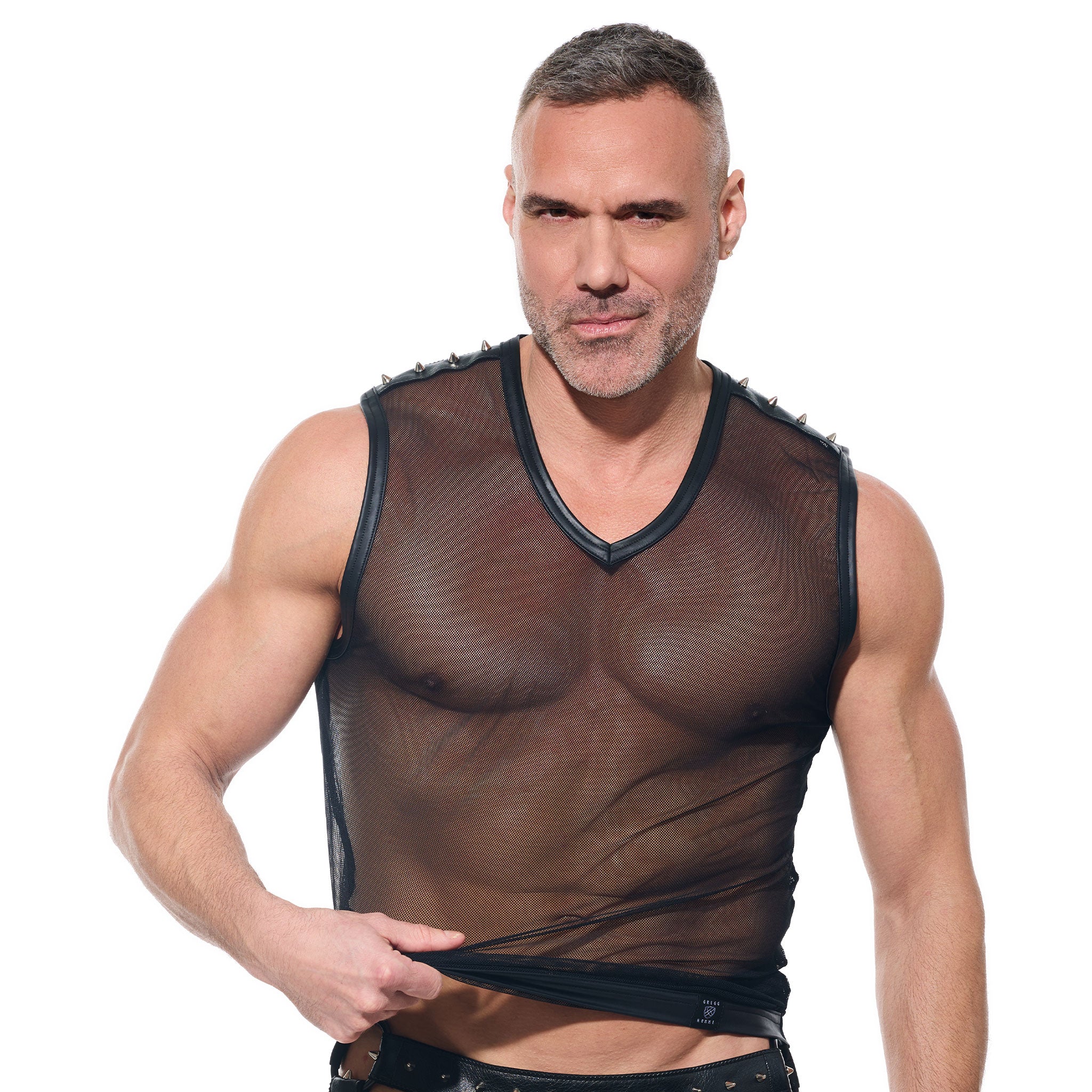 Mesh sheer seethru see-thru see-through apparel top tanktop tank-top muscle-shirt sleeveless v-neck cone-studs studs studded epaulets bold breathable lightweight fetish fashion alt-fashion clubwear kink kinky kinkwear gifts male masculine masc mens guys dudes gregg-homme desert-kink black