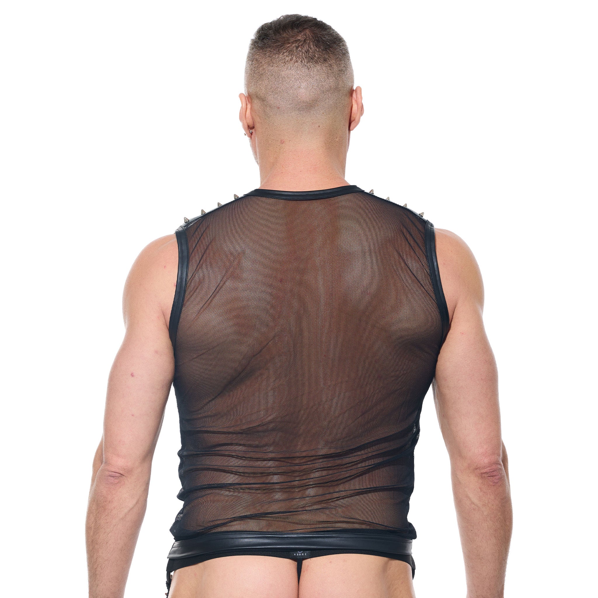 Mesh sheer seethru see-thru see-through apparel top tanktop tank-top muscle-shirt sleeveless v-neck cone-studs studs studded epaulets bold breathable lightweight fetish fashion alt-fashion clubwear kink kinky kinkwear gifts male masculine masc mens guys dudes gregg-homme desert-kink black
