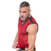 Mesh sheer seethru see-thru see-through apparel top tanktop tank-top muscle-shirt sleeveless v-neck cone-studs studs studded epaulets bold breathable lightweight fetish fashion alt-fashion clubwear kink kinky kinkwear gifts male masculine masc mens guys dudes gregg-homme desert-kink red