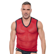 Mesh sheer seethru see-thru see-through apparel top tanktop tank-top muscle-shirt sleeveless v-neck cone-studs studs studded epaulets bold breathable lightweight fetish fashion alt-fashion clubwear kink kinky kinkwear gifts male masculine masc mens guys dudes gregg-homme desert-kink red