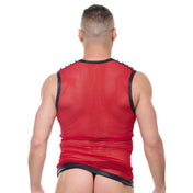 Mesh sheer seethru see-thru see-through apparel top tanktop tank-top muscle-shirt sleeveless v-neck cone-studs studs studded epaulets bold breathable lightweight fetish fashion alt-fashion clubwear kink kinky kinkwear gifts male masculine masc mens guys dudes gregg-homme desert-kink red