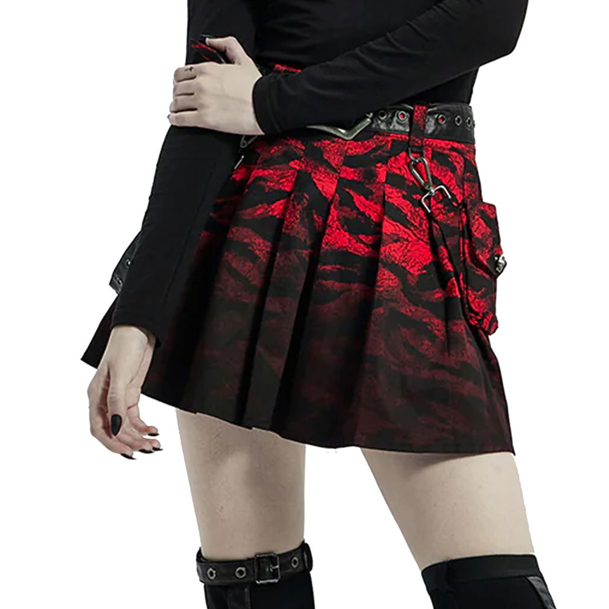 Cotton twill leather PU-leather faux-leather apparel bottoms skirt mini-skirt miniskirt pleated-skirt bat-skirt dip-dyed abstract-print lobster clasp buckle adjustable leather-loops detachable waist-bag playful wild stylish fashion alt-fashion punk goth gothic goth-doll cyber cyberpunk costume cosplay halloween halloween-couture female femme feminine womens black red curvy queen plus-size