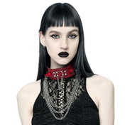 devil horns spikes chains textured pvc collar o/s gothic fetish accessory reptile scale texture draping chains o-ring metal hardware black punk collar edgy alternative fashion statement jewelry