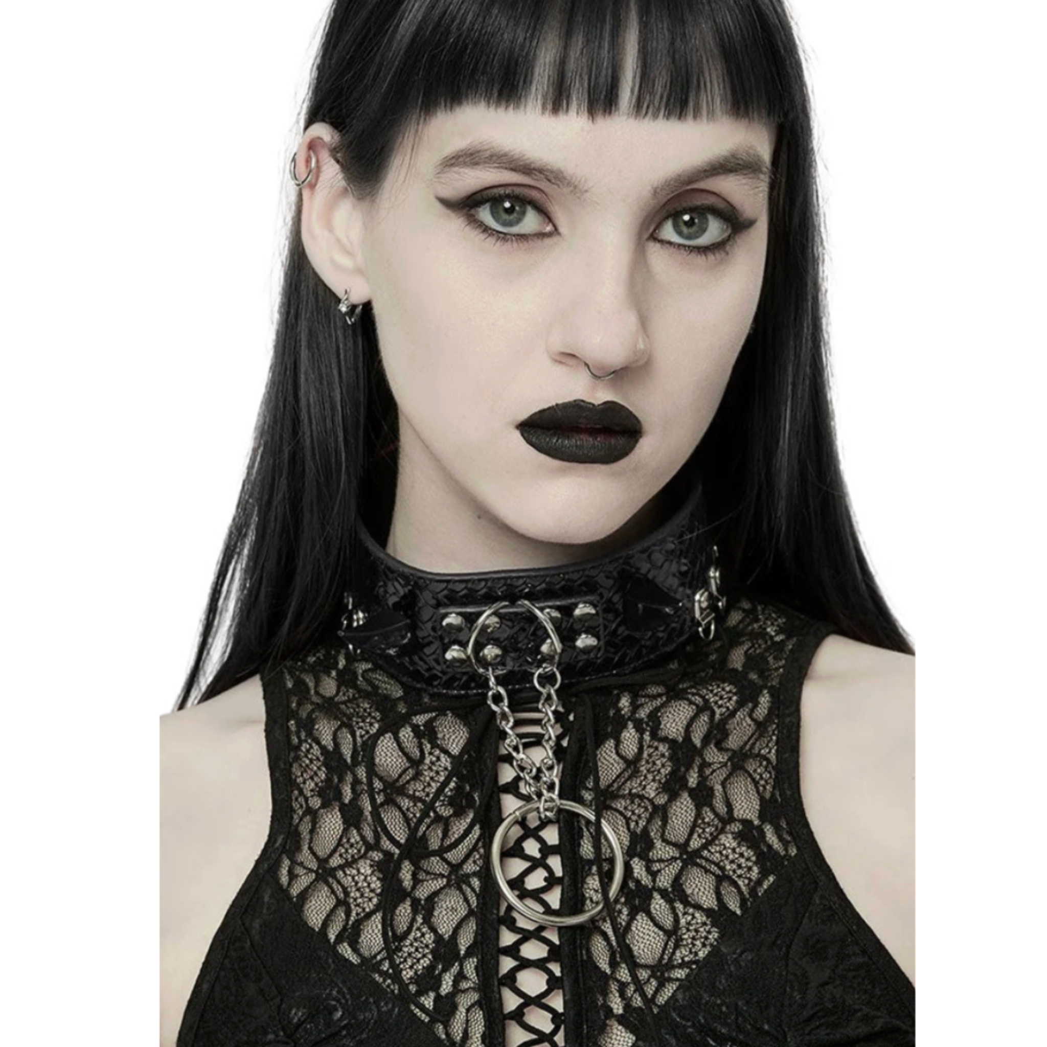 devil horns spikes chains textured pvc collar o/s gothic fetish accessory reptile scale texture draping chains o-ring metal hardware black punk collar edgy alternative fashion statement jewelry