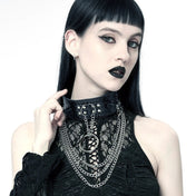 devil horns spikes chains textured pvc collar o/s gothic fetish accessory reptile scale texture draping chains o-ring metal hardware black punk collar edgy alternative fashion statement jewelry