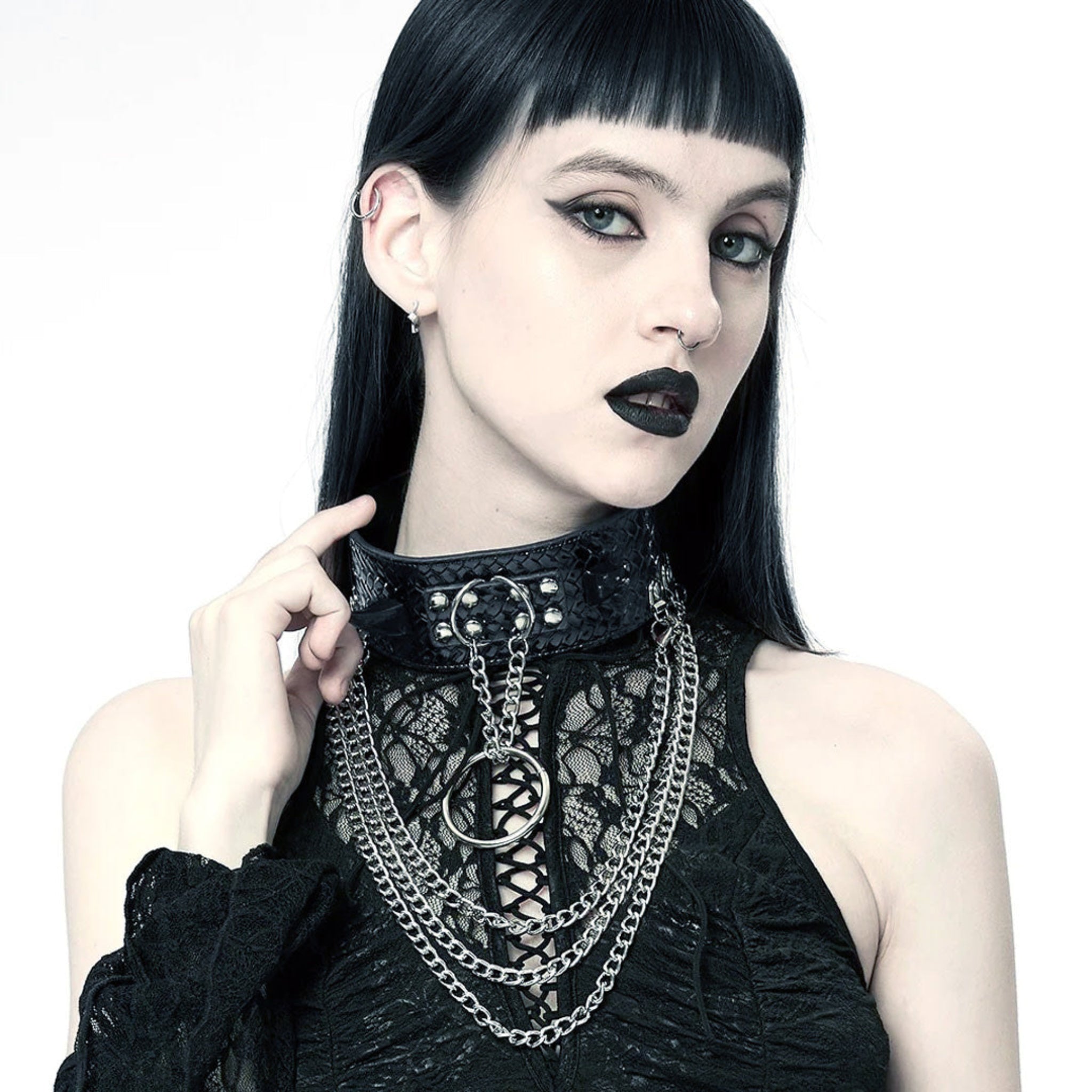 devil horns spikes chains textured pvc collar o/s gothic fetish accessory reptile scale texture draping chains o-ring metal hardware black punk collar edgy alternative fashion statement jewelry