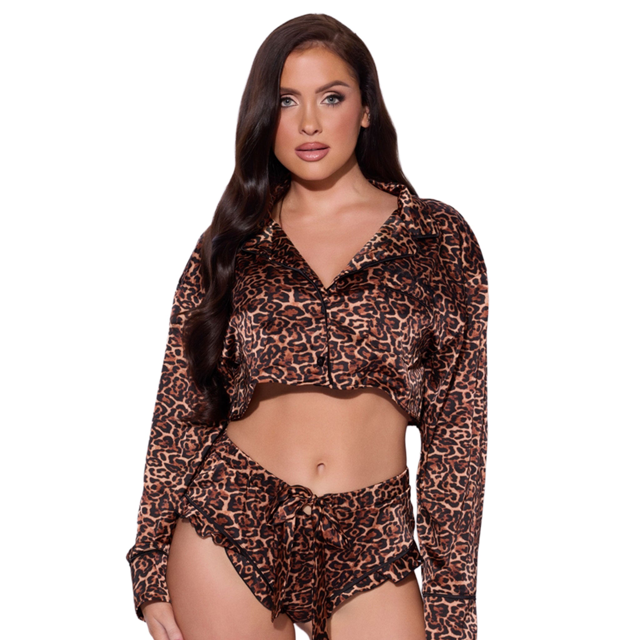 Spandex nylon satin apparel intimates lingerie lingerie-set loungewear 2-piece two-piece 2pc crop-top long-sleeve sleeves sleeved lapels bottoms shorts hipster ruffled ruched front-tie elastic-waistband breathable lightweight stretchy smooth soft luxurious sexy supple playful glossy airy skimpy flowing female femme feminine womens leopard-print 