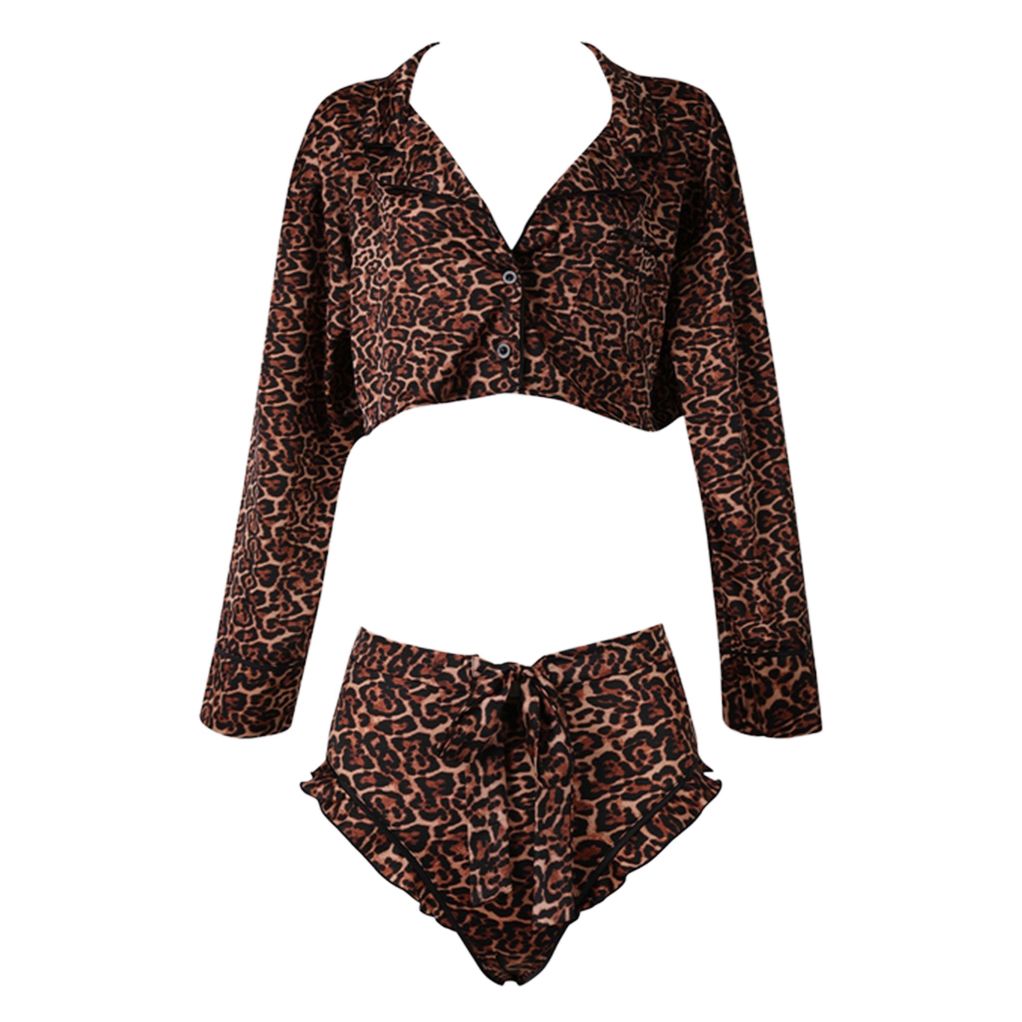 Spandex nylon satin apparel intimates lingerie lingerie-set loungewear 2-piece two-piece 2pc crop-top long-sleeve sleeves sleeved lapels bottoms shorts hipster ruffled ruched front-tie elastic-waistband breathable lightweight stretchy smooth soft luxurious sexy supple playful glossy airy skimpy flowing female femme feminine womens leopard-print 