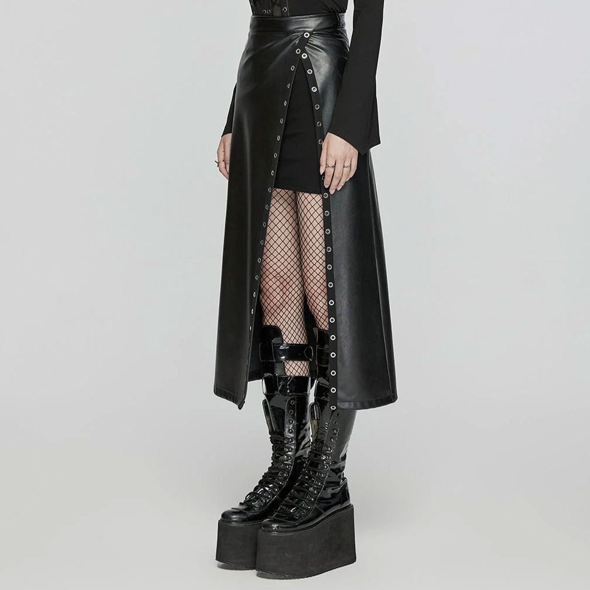 Faux vegan leather skirt maxi knee-length diagonal long leg slit eyelet eyelets layered underskirt under under-skirt side zip black