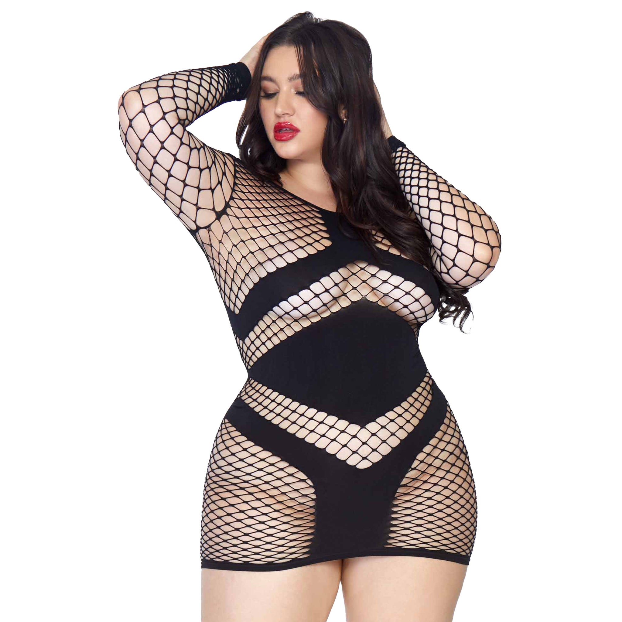 Spandex nylon net diamond-net apparel intimates hosiery lingerie dress mini-dress minidress longsleeve long-sleeve sleeves sleeved opaque-panels wide-neckline bodycon gorgeous sexy daring sexy versatile curve-hugging stretchy erotic fetish fashion alt-fashion bedroom layering night-out date-night female femme feminine womens queen curvy plus-size black