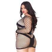 Spandex nylon net diamond-net apparel intimates hosiery lingerie dress mini-dress minidress longsleeve long-sleeve sleeves sleeved opaque-panels wide-neckline bodycon gorgeous sexy daring sexy versatile curve-hugging stretchy erotic fetish fashion alt-fashion bedroom layering night-out date-night female femme feminine womens queen curvy plus-size black