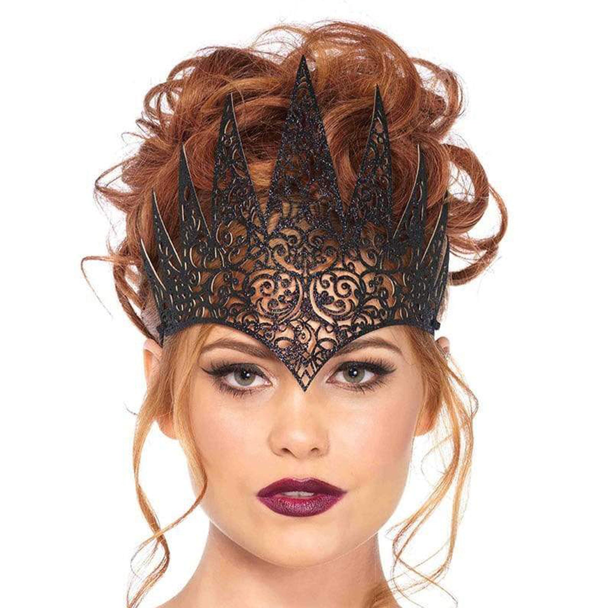 Foam lightweight modeling-foam eva-foam glitter accessories headgear head-gear headband crown diecut die-cut cutout cut-out intricate filigree spikes spike spiked pointed-brow tall costume cosplay halloween queen evil-queen royal royalty regal noble nobility fantasy otherworldly enchanting magical unique larp masquerade costume-party DIY-costume DIY do-it-yourself female femme feminine womens black