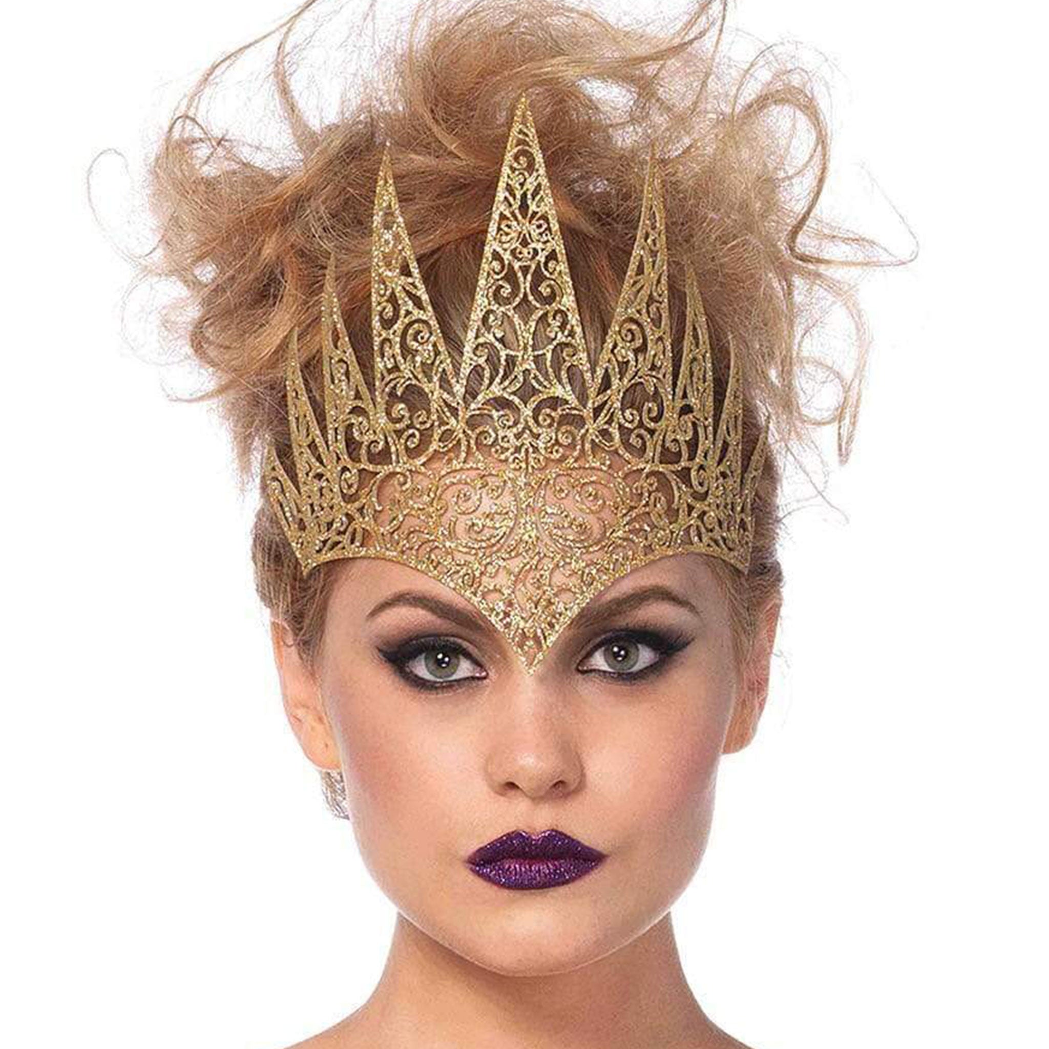 Foam lightweight modeling-foam eva-foam glitter accessories headgear head-gear headband crown diecut die-cut cutout cut-out intricate filigree spikes spike spiked pointed-brow tall costume cosplay halloween queen evil-queen royal royalty regal noble nobility fantasy otherworldly enchanting magical unique larp masquerade costume-party DIY-costume DIY do-it-yourself female femme feminine womens gold