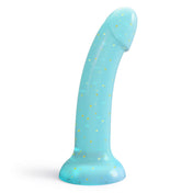 Silicone liquid-silicone transparent accessories insertable dildo dong nonvibe nonvibrating non-vibe non-vibrating curves curved-shaft suction-cup hands-free anal vaginal smooth waterproof fun kink kinky kinky-toys kinky-play solo-play couples-play adult-toys teal gold glitter 