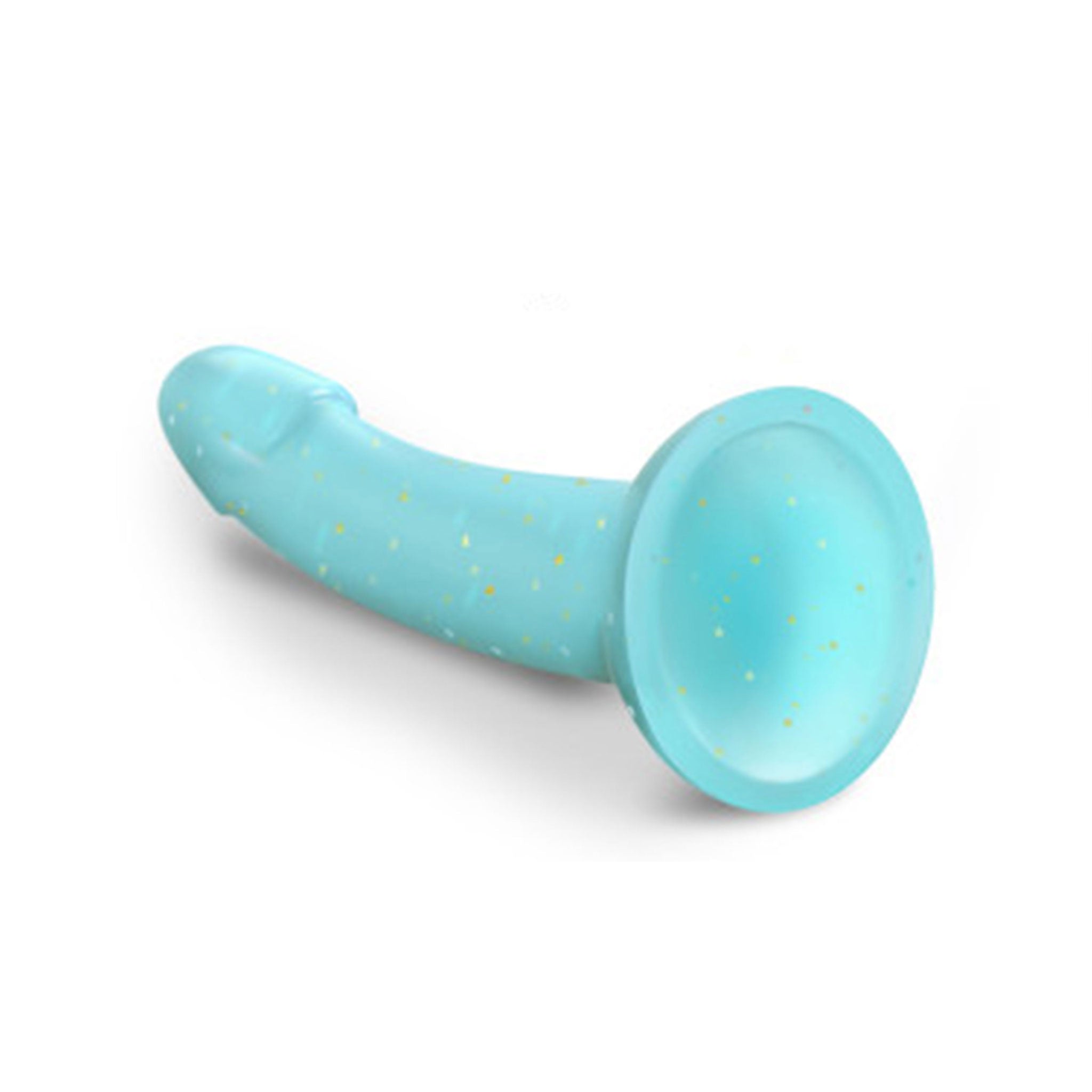 Silicone liquid-silicone transparent accessories insertable dildo dong nonvibe nonvibrating non-vibe non-vibrating curves curved-shaft suction-cup hands-free anal vaginal smooth waterproof fun kink kinky kinky-toys kinky-play solo-play couples-play adult-toys teal gold glitter 