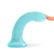 Silicone liquid-silicone transparent accessories insertable dildo dong nonvibe nonvibrating non-vibe non-vibrating curves curved-shaft suction-cup hands-free anal vaginal smooth waterproof fun kink kinky kinky-toys kinky-play solo-play couples-play adult-toys teal gold glitter 