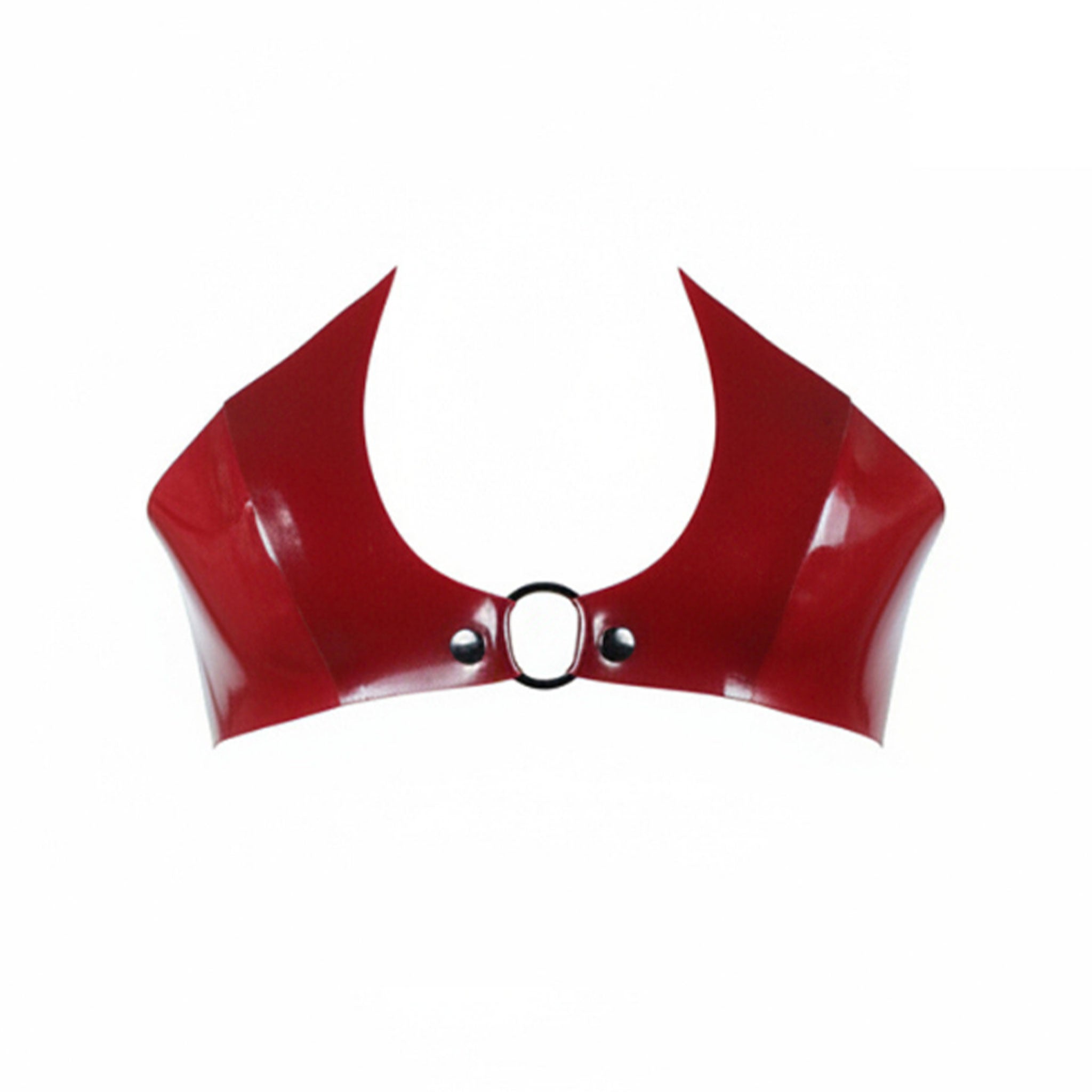 Latex rubber apparel intimates lingerie latex-lingerie bra strapless-bra bra-top curved-cups pointed-cups double-front front-fastening O-ring structured fetish fashion alt-fashion punk goth gothic cyber kink kinky kinkwear costume cosplay halloween vampire succubus female femme feminine womens blood blood-red