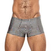 Nylon spandex intimates lingerie underwear shorts boxers briefs boxer-briefs mini-shorts low-cut waist high-cut legs contoured-pouch disco-ball smooth stretchy pliable shiny fashion alt-fashion cyber ravewear dancewear festival costume cosplay studio-54 disco boogie male masc masculine mens menswear guys dudes gay lgbtq pride silver metallic hologram holographic mirror iridescent 