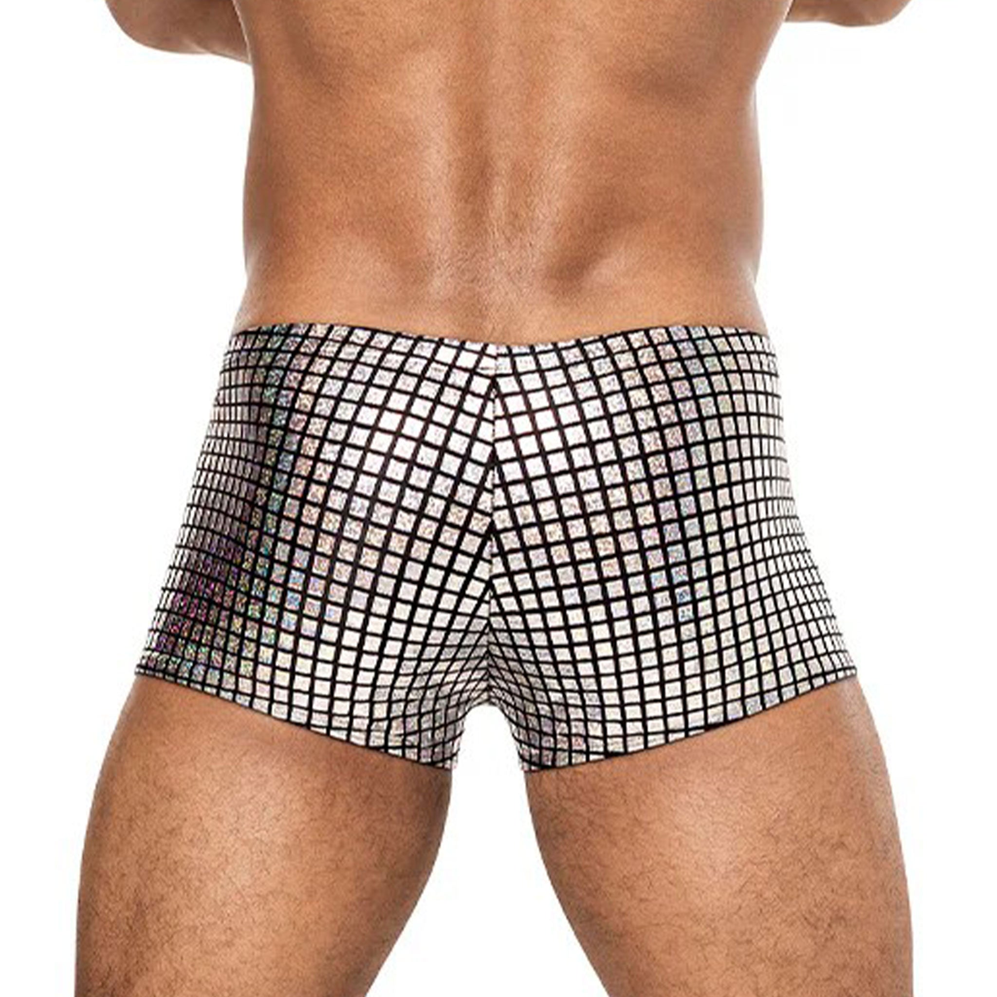 Nylon spandex intimates lingerie underwear shorts boxers briefs boxer-briefs mini-shorts low-cut waist high-cut legs contoured-pouch disco-ball smooth stretchy pliable shiny fashion alt-fashion cyber ravewear dancewear festival costume cosplay studio-54 disco boogie male masc masculine mens menswear guys dudes gay lgbtq pride silver metallic hologram holographic mirror iridescent 